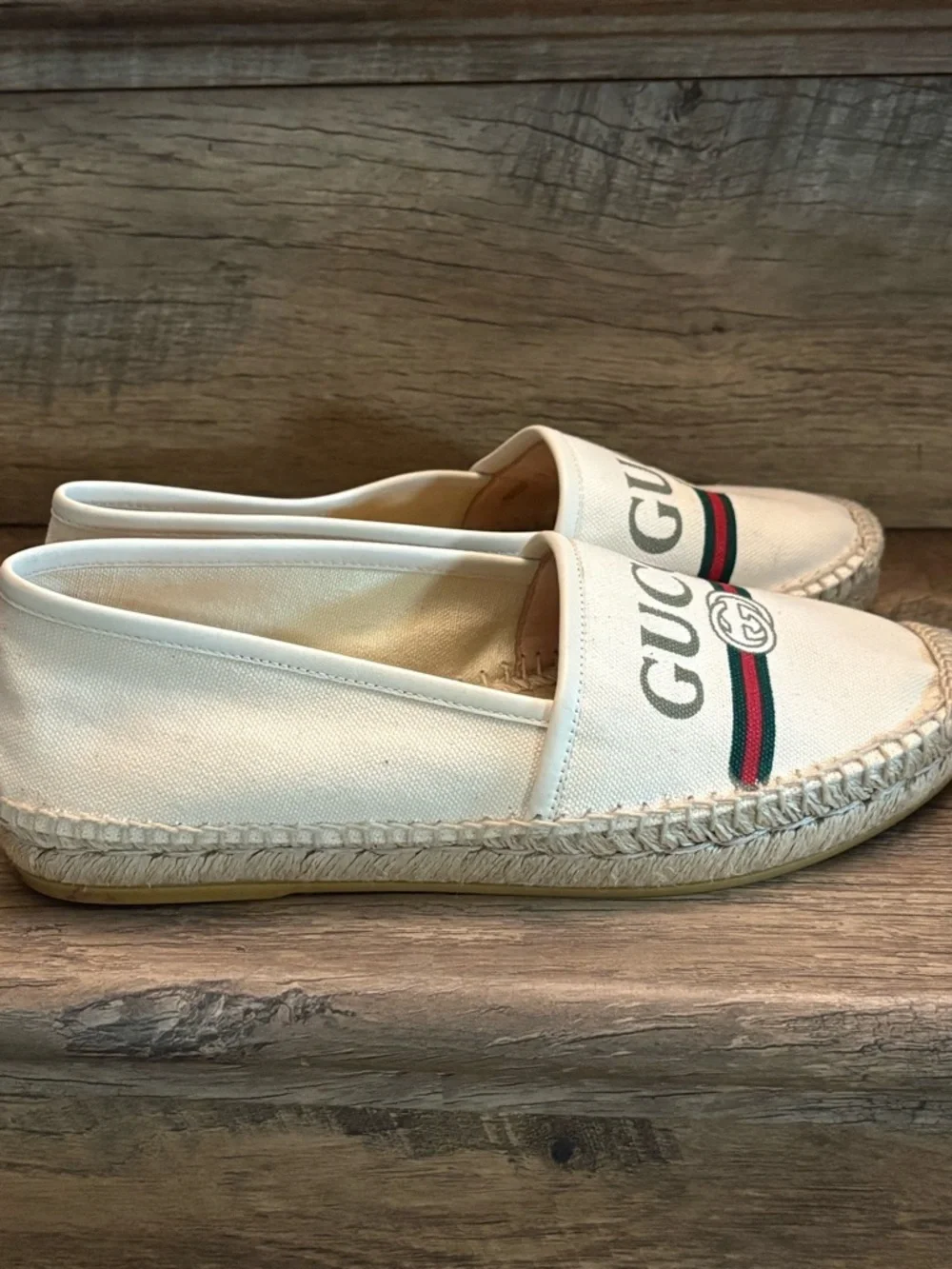 Gucci White Canvas Logo Espadrille Flats with Green and Red Stripe - Picture 3 of 9
